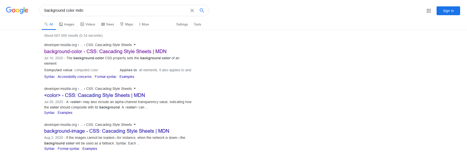 Cautând `background-color MDN` pe Google